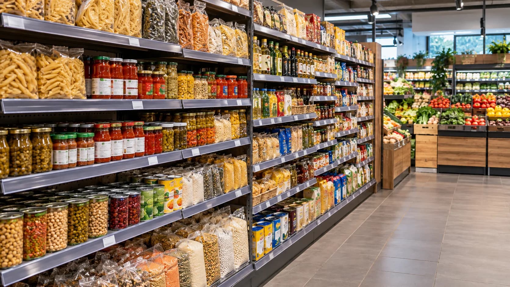 Regály s potravinami v supermarkete