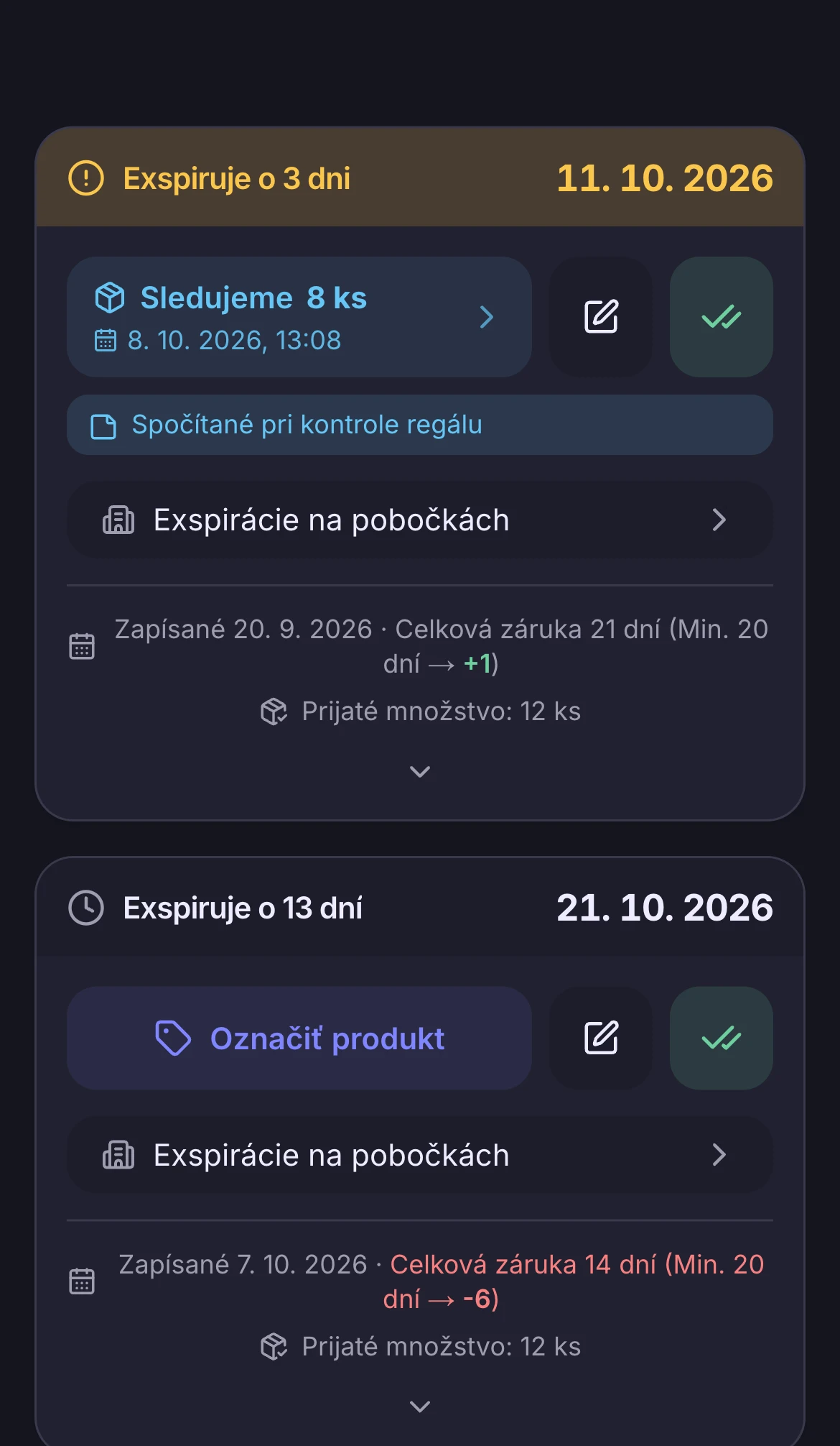 Detail jogurtu s dvoma dátumami zoradenými pre FIFO, sledovaním 8 kusov a históriou zápisu