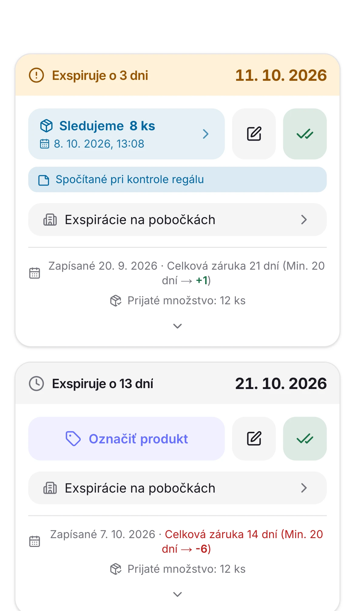 Detail jogurtu s dvoma dátumami zoradenými pre FIFO, sledovaním 8 kusov a históriou zápisu