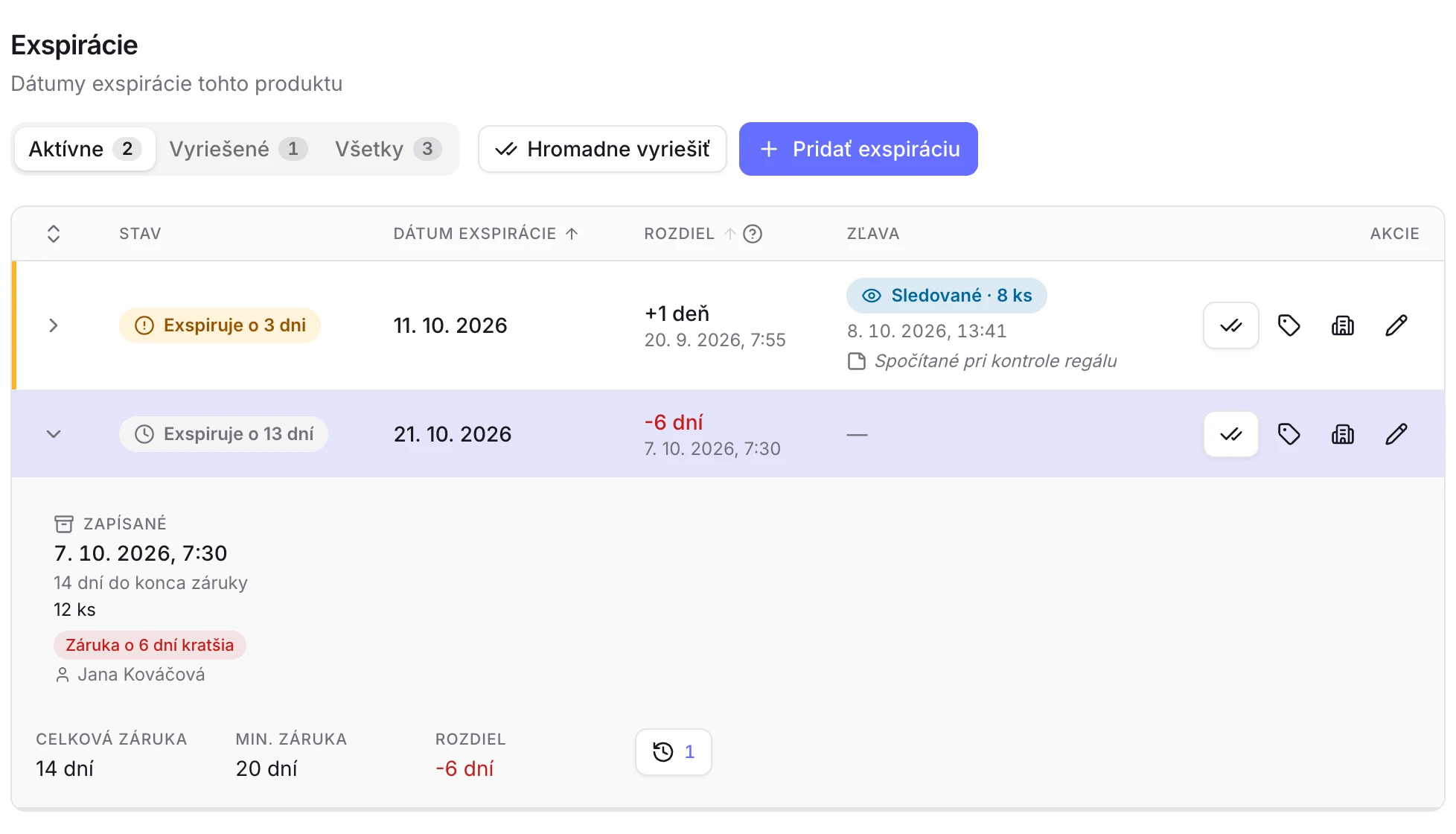 Detail jogurtu s dvoma dátumami zoradenými pre FIFO, sledovaním 8 kusov a históriou zápisu
