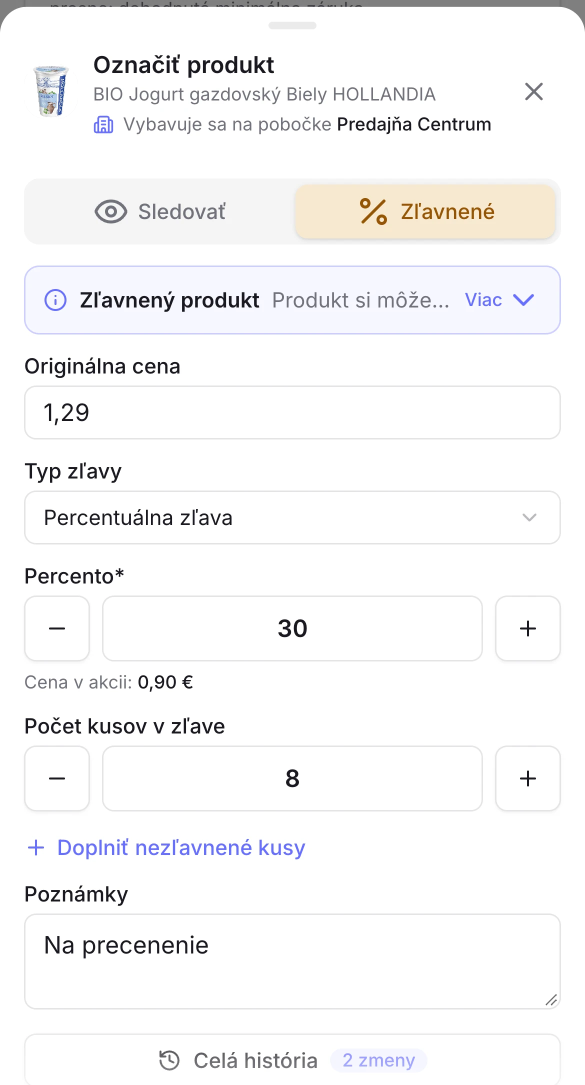 Zápis percentuálnej zľavy 30 % na 8 kusov jogurtu s poznámkou na precenenie