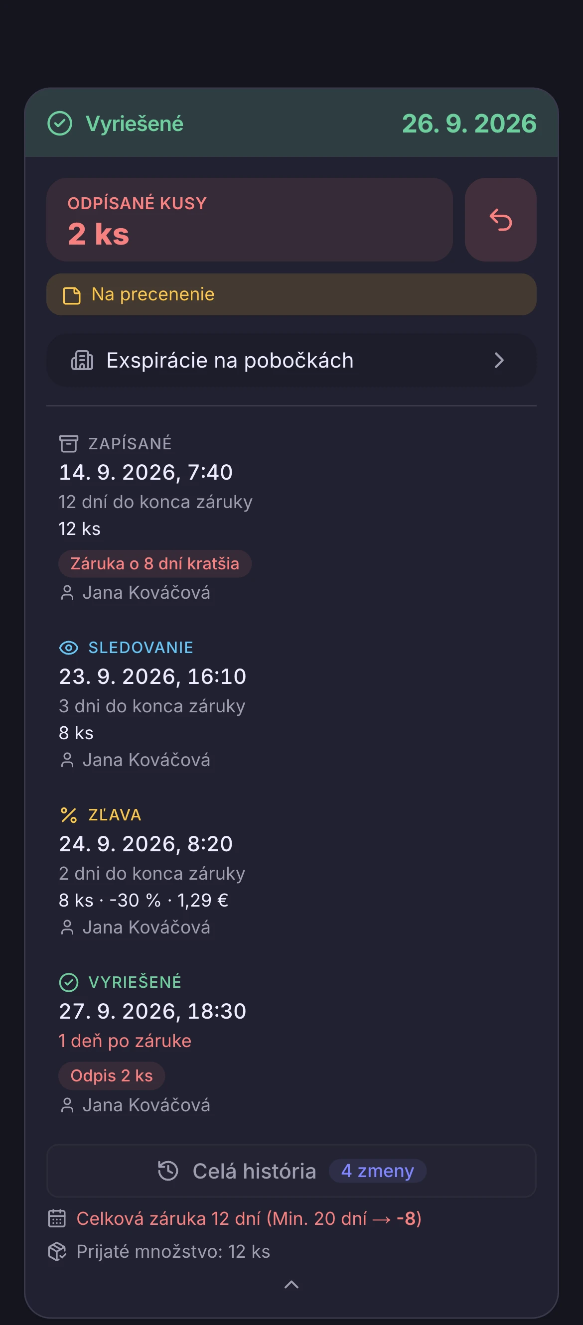 Vyriešená šarža jogurtu s cestou od zápisu cez sledovanie a zľavu po odpis 2 kusov