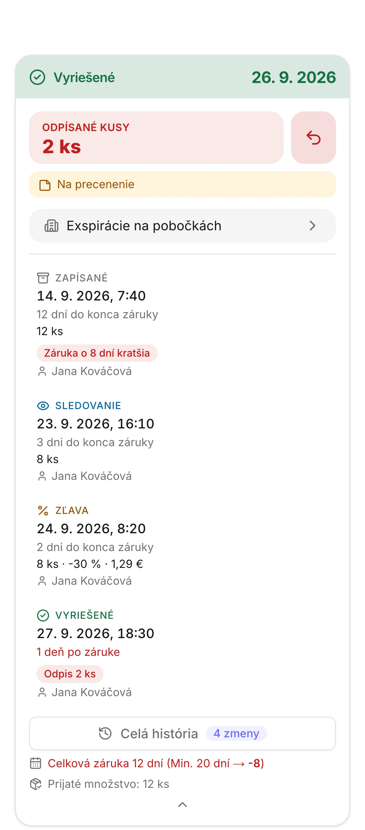 Vyriešená šarža jogurtu s cestou od zápisu cez sledovanie a zľavu po odpis 2 kusov