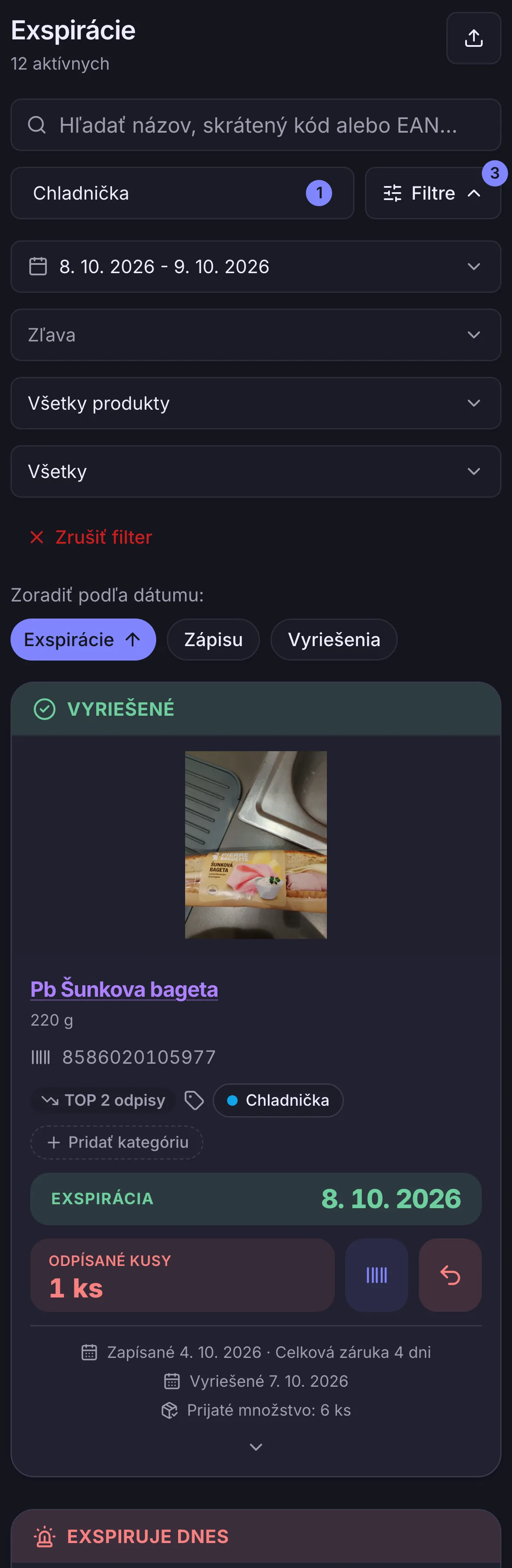 Zoznam exspirácií z chladničky s dátumom do zajtra, so skontrolovanou bagetou, sledovanými sendvičmi a zľavnenou bagetou Zoznam exspirácií z chladničky s dátumom do zajtra, so skontrolovanou bagetou, sledovanými sendvičmi a zľavnenou bagetou