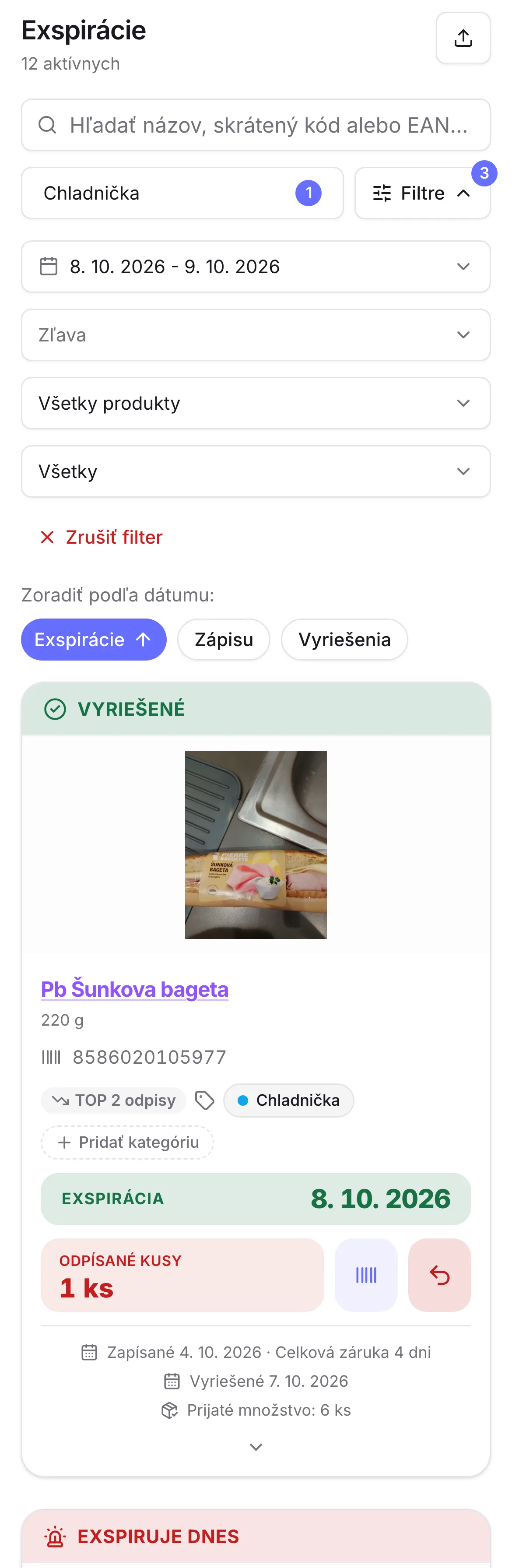 Zoznam exspirácií z chladničky s dátumom do zajtra, so skontrolovanou bagetou, sledovanými sendvičmi a zľavnenou bagetou Zoznam exspirácií z chladničky s dátumom do zajtra, so skontrolovanou bagetou, sledovanými sendvičmi a zľavnenou bagetou