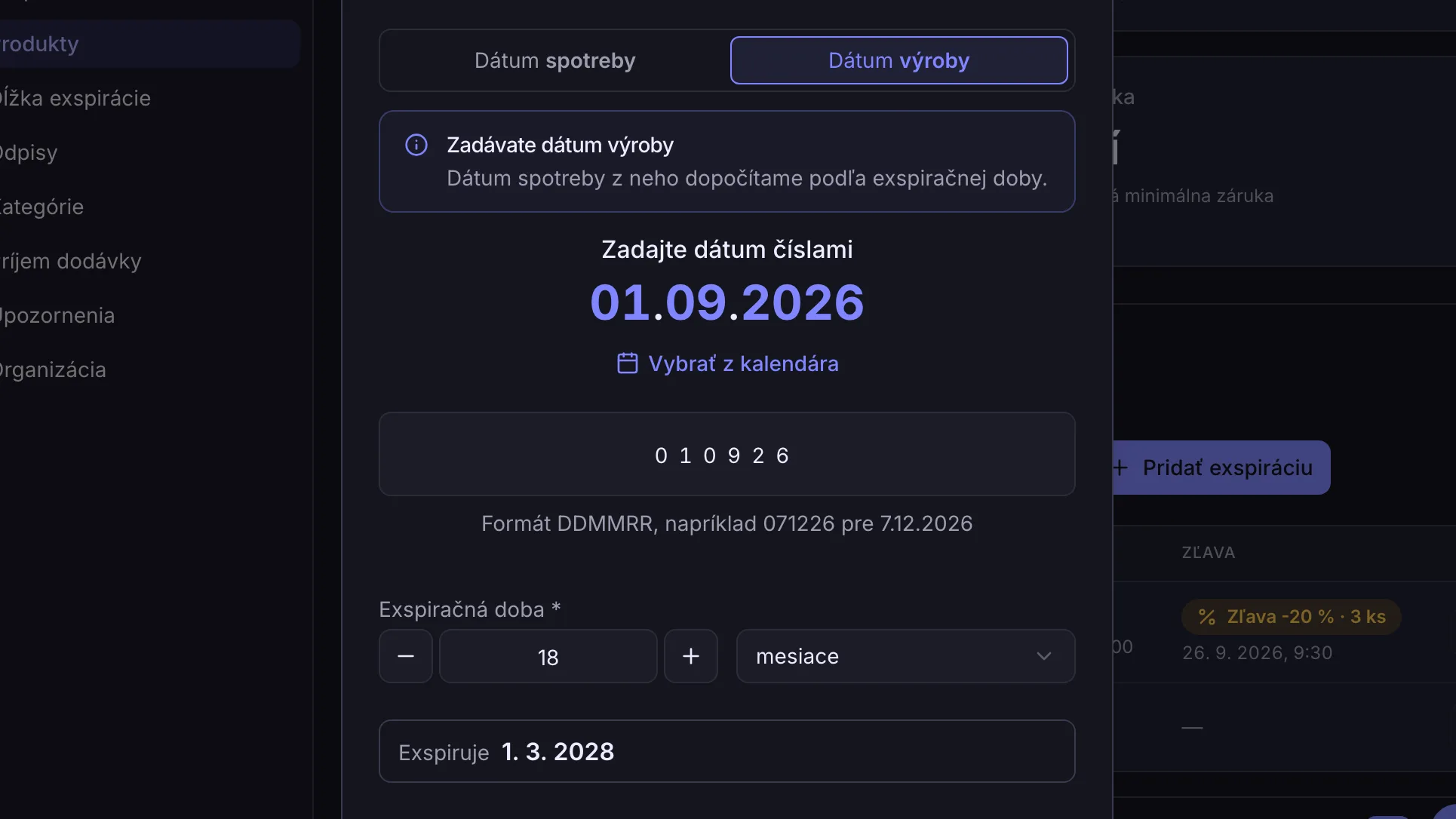 Zápis granúl podľa dátumu výroby 1. 9. 2026 a exspiračnej doby 18 mesiacov, systém dopočíta dátum 1. 3. 2028 Zápis granúl podľa dátumu výroby 1. 9. 2026 a exspiračnej doby 18 mesiacov, systém dopočíta dátum 1. 3. 2028