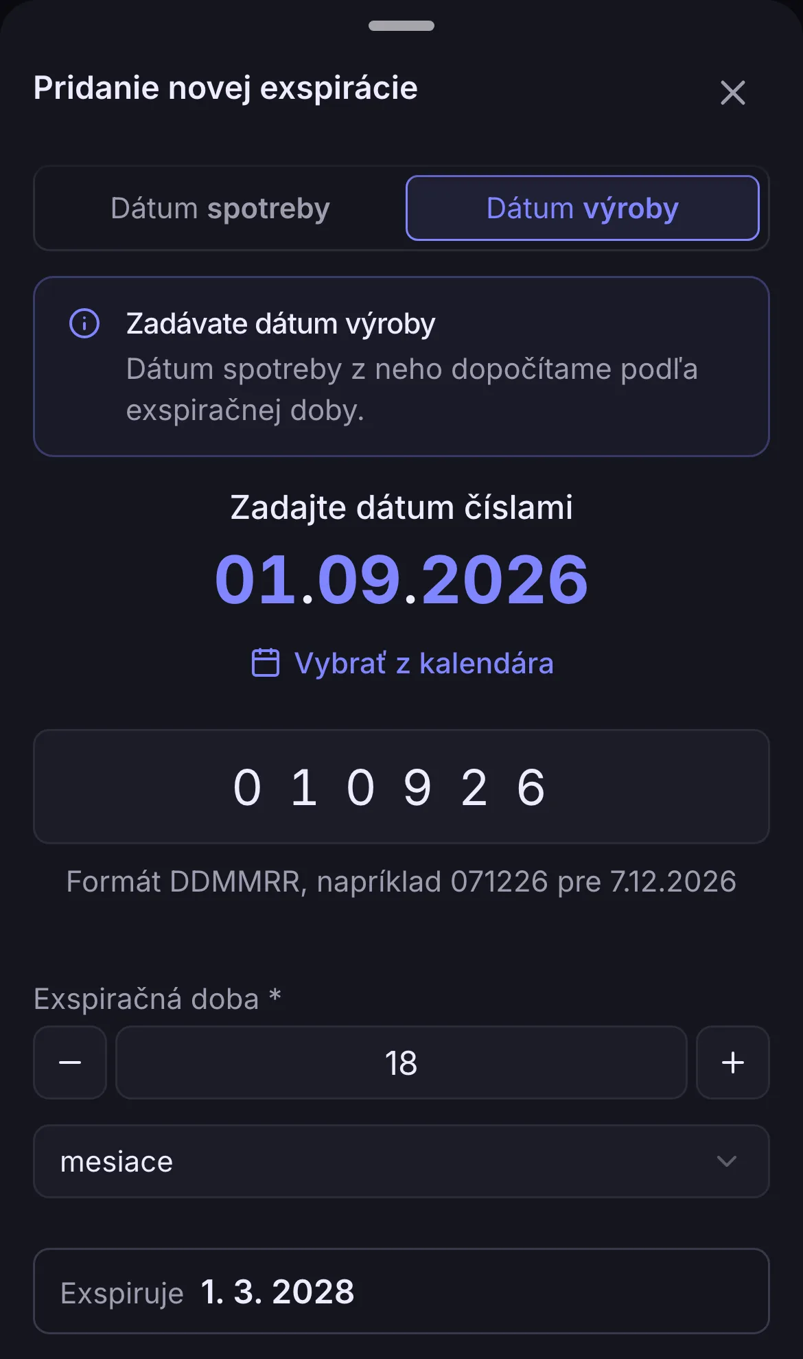 Zápis granúl podľa dátumu výroby 1. 9. 2026 a exspiračnej doby 18 mesiacov, systém dopočíta dátum 1. 3. 2028 Zápis granúl podľa dátumu výroby 1. 9. 2026 a exspiračnej doby 18 mesiacov, systém dopočíta dátum 1. 3. 2028