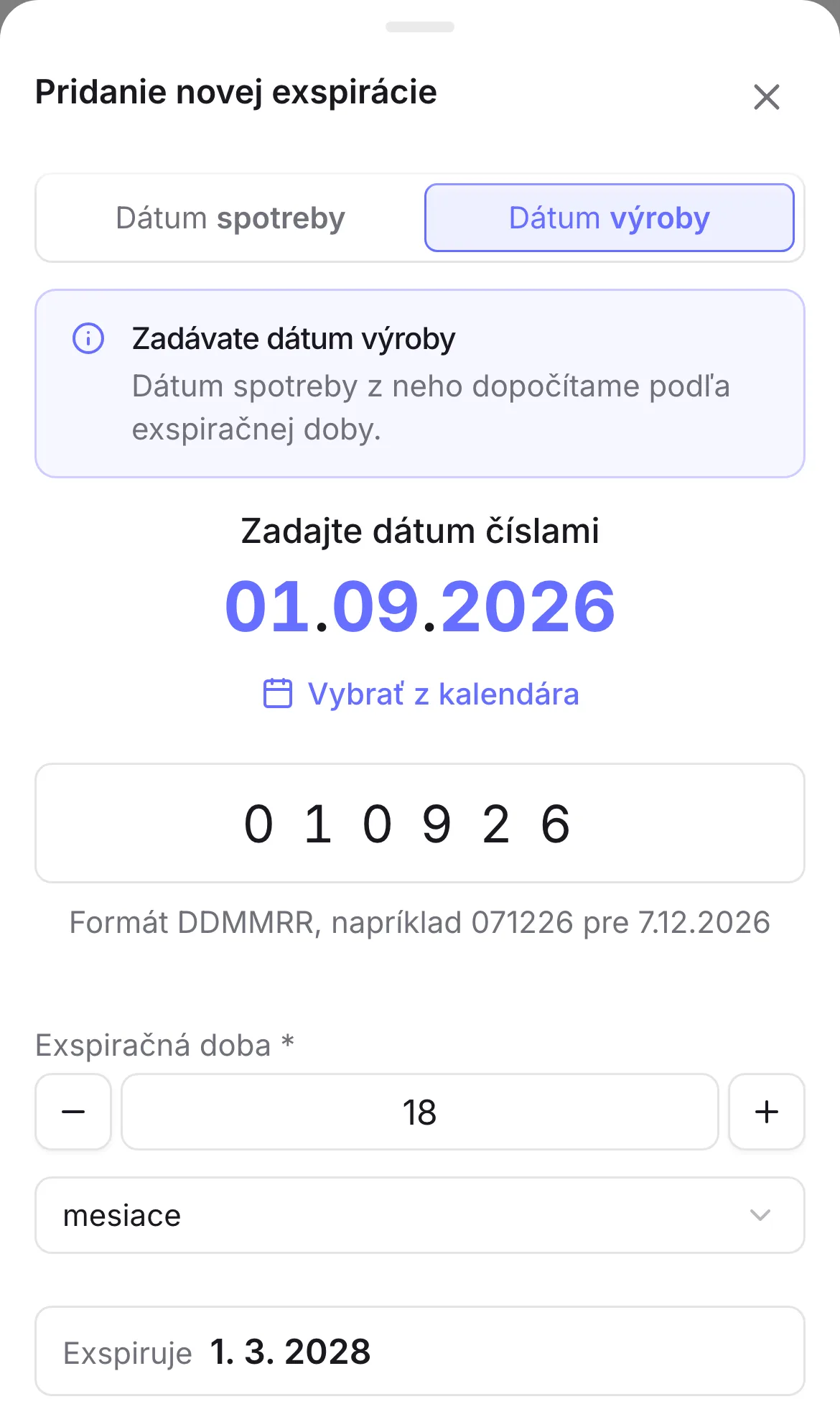 Zápis granúl podľa dátumu výroby 1. 9. 2026 a exspiračnej doby 18 mesiacov, systém dopočíta dátum 1. 3. 2028 Zápis granúl podľa dátumu výroby 1. 9. 2026 a exspiračnej doby 18 mesiacov, systém dopočíta dátum 1. 3. 2028