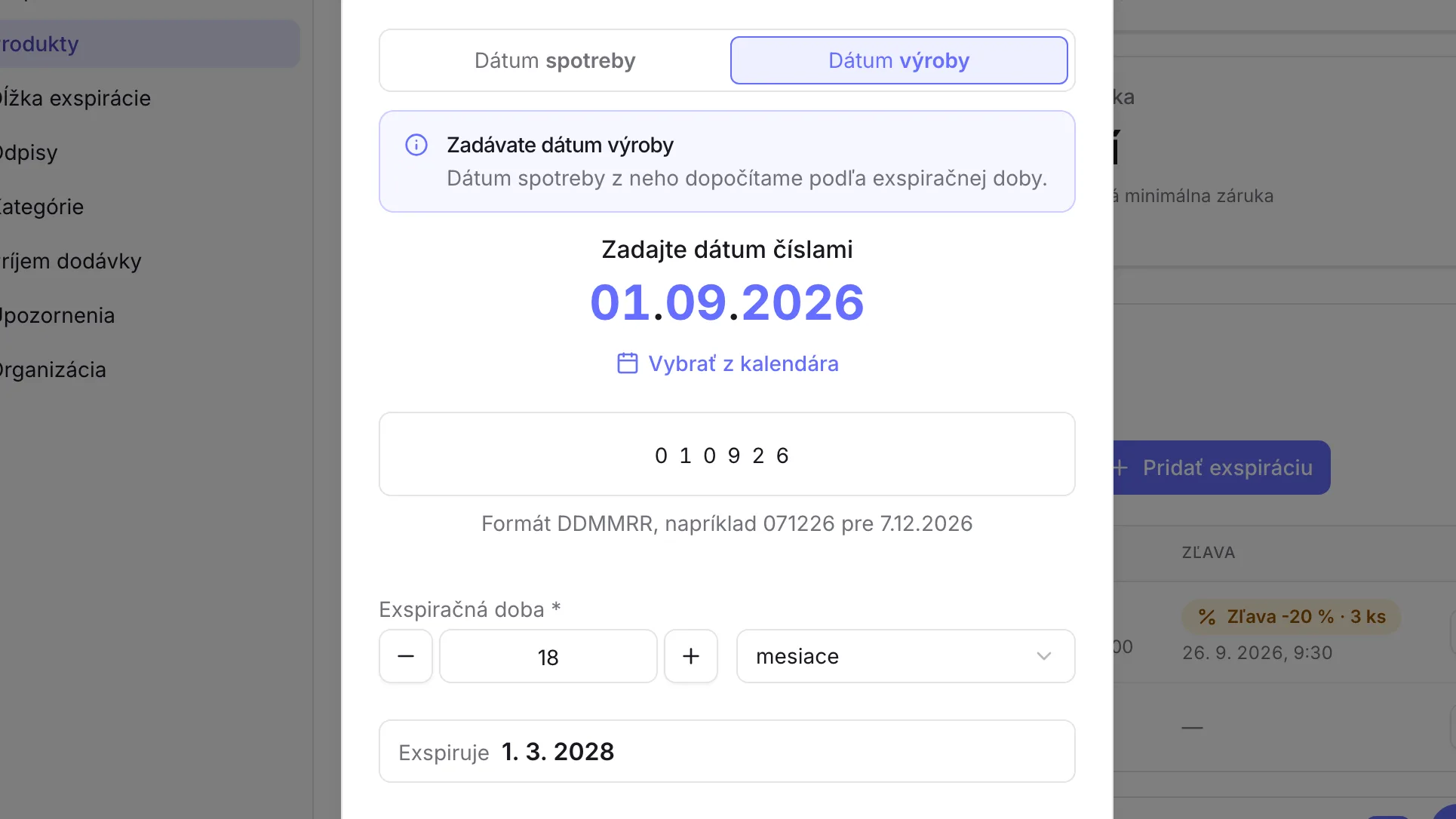 Zápis granúl podľa dátumu výroby 1. 9. 2026 a exspiračnej doby 18 mesiacov, systém dopočíta dátum 1. 3. 2028 Zápis granúl podľa dátumu výroby 1. 9. 2026 a exspiračnej doby 18 mesiacov, systém dopočíta dátum 1. 3. 2028