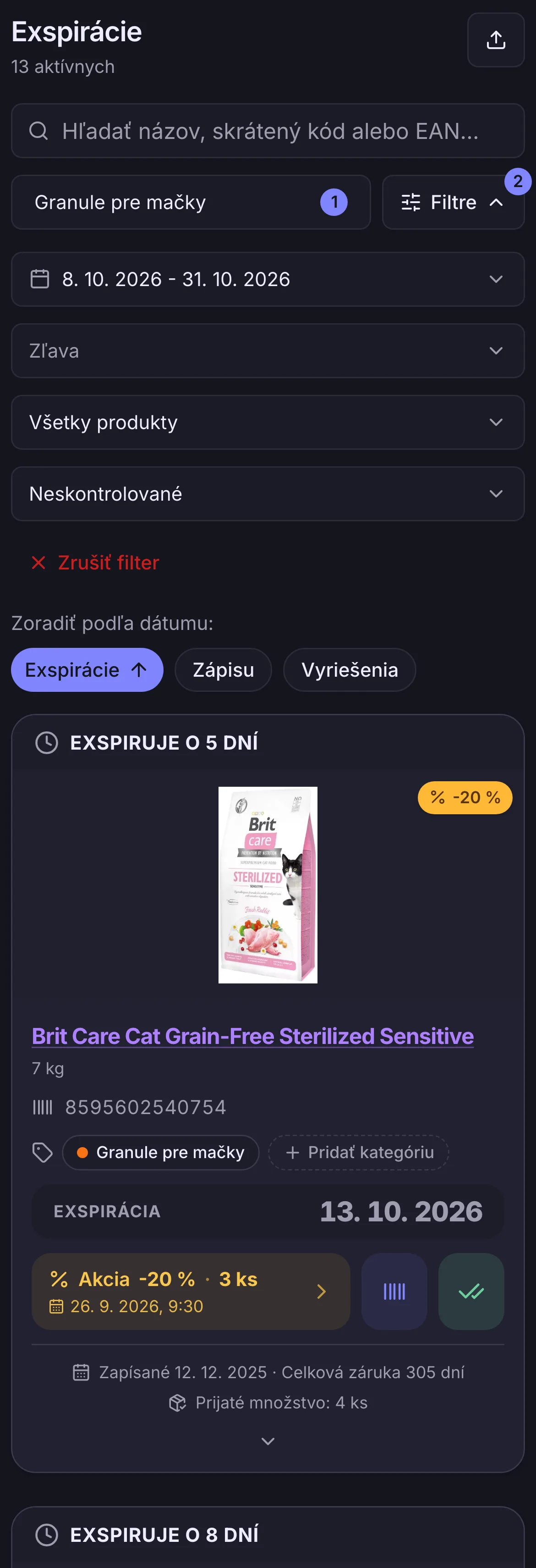 Zoznam exspirácií granúl pre mačky s dátumom do konca mesiaca, so zľavneným a sledovanými baleniami Zoznam exspirácií granúl pre mačky s dátumom do konca mesiaca, so zľavneným a sledovanými baleniami