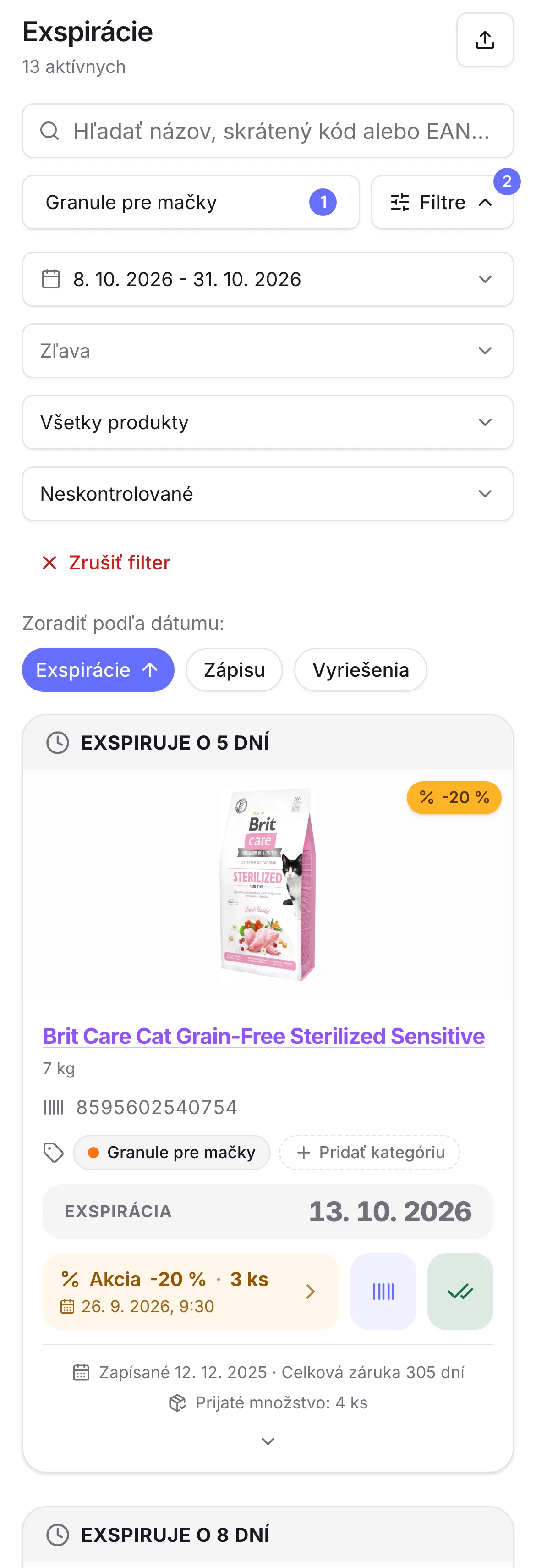 Zoznam exspirácií granúl pre mačky s dátumom do konca mesiaca, so zľavneným a sledovanými baleniami Zoznam exspirácií granúl pre mačky s dátumom do konca mesiaca, so zľavneným a sledovanými baleniami
