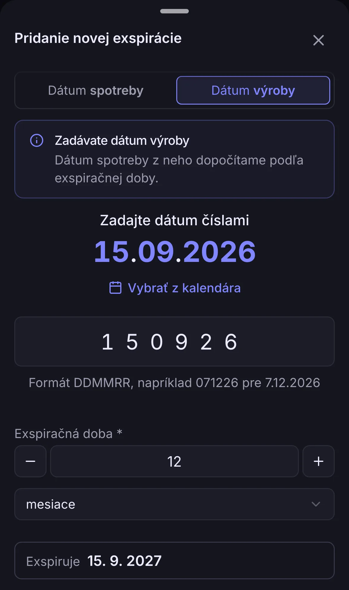 Zápis pleťového krému podľa dátumu výroby 15. 9. 2026 a exspiračnej doby 12 mesiacov, systém dopočíta dátum 15. 9. 2027 Zápis pleťového krému podľa dátumu výroby 15. 9. 2026 a exspiračnej doby 12 mesiacov, systém dopočíta dátum 15. 9. 2027