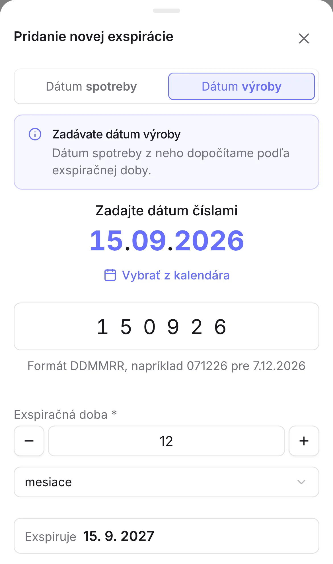 Zápis pleťového krému podľa dátumu výroby 15. 9. 2026 a exspiračnej doby 12 mesiacov, systém dopočíta dátum 15. 9. 2027 Zápis pleťového krému podľa dátumu výroby 15. 9. 2026 a exspiračnej doby 12 mesiacov, systém dopočíta dátum 15. 9. 2027