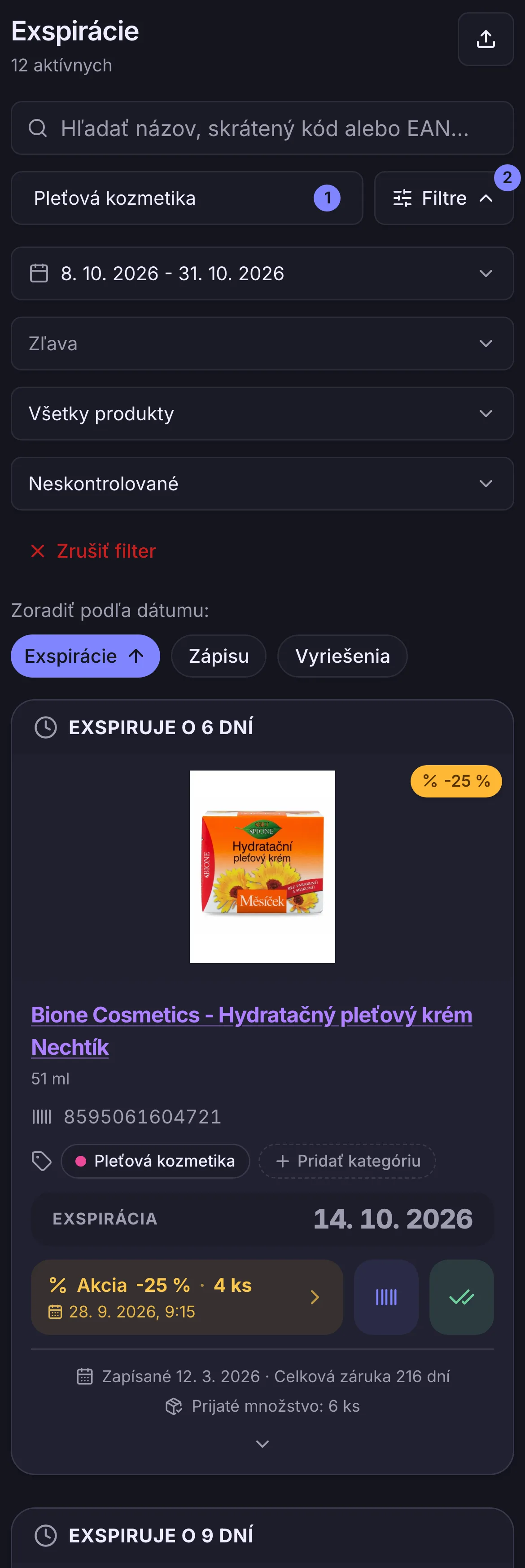 Zoznam exspirácií pleťovej kozmetiky s dátumom do konca mesiaca, so zľavneným a sledovanými krémami Zoznam exspirácií pleťovej kozmetiky s dátumom do konca mesiaca, so zľavneným a sledovanými krémami