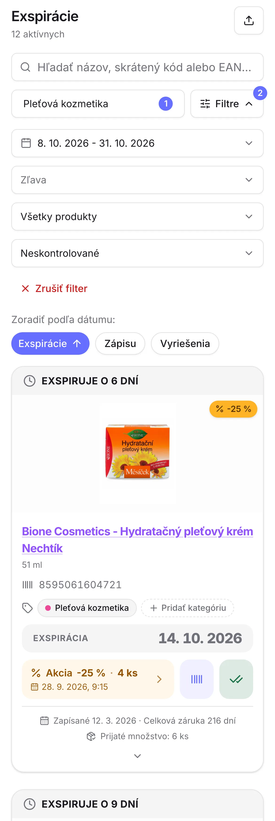 Zoznam exspirácií pleťovej kozmetiky s dátumom do konca mesiaca, so zľavneným a sledovanými krémami Zoznam exspirácií pleťovej kozmetiky s dátumom do konca mesiaca, so zľavneným a sledovanými krémami