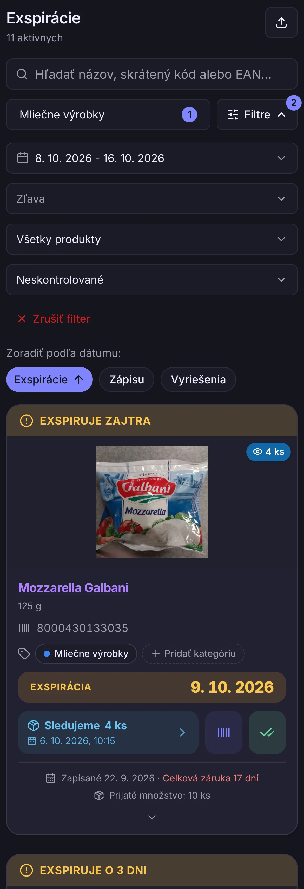 Zoznam exspirácií filtrovaný na mliečne výrobky s dátumom do piatku, so sledovanou mozzarellou a zľavnenou smotanou Zoznam exspirácií filtrovaný na mliečne výrobky s dátumom do piatku, so sledovanou mozzarellou a zľavnenou smotanou