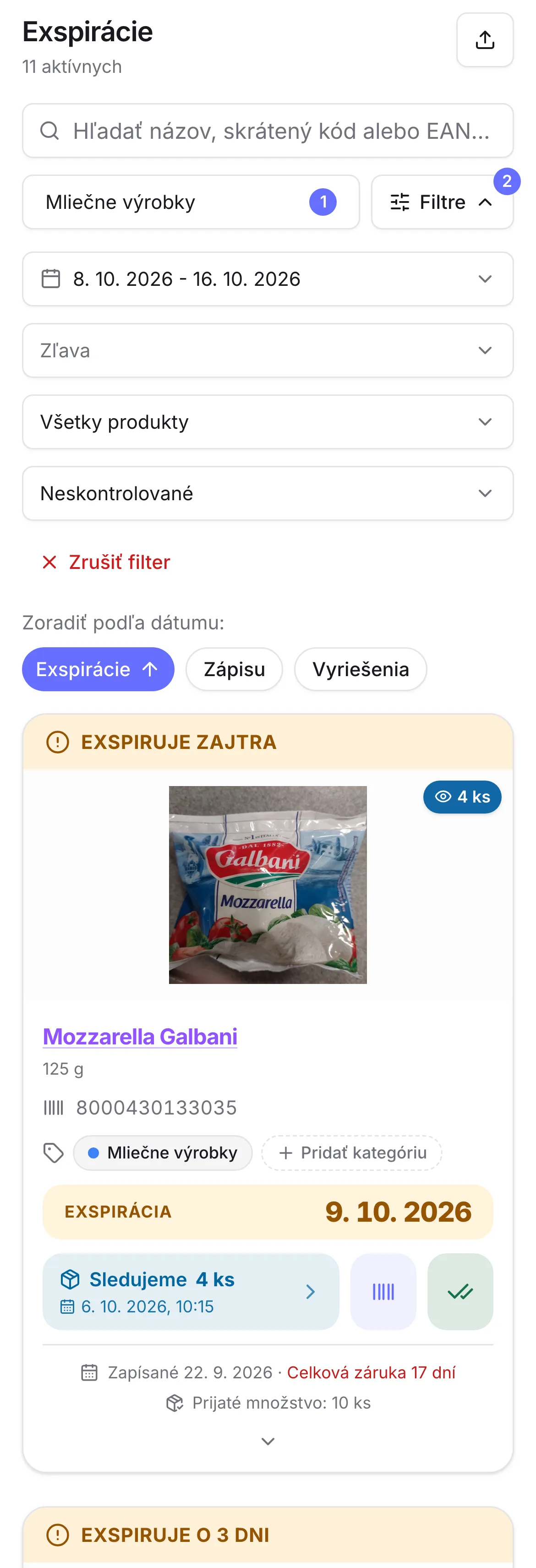 Zoznam exspirácií filtrovaný na mliečne výrobky s dátumom do piatku, so sledovanou mozzarellou a zľavnenou smotanou Zoznam exspirácií filtrovaný na mliečne výrobky s dátumom do piatku, so sledovanou mozzarellou a zľavnenou smotanou